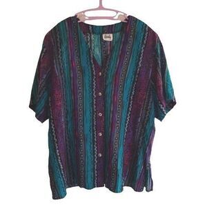 Vtg TAPESTRY Brand 2X Rayon Button Up Shirt Purple Teal Geometric + BONUS READ
